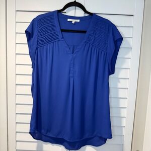 Daniel Rainn Royal Blue Pintuck Pleated V-Neck Blouse XL Cap Sleeve Blouse Top